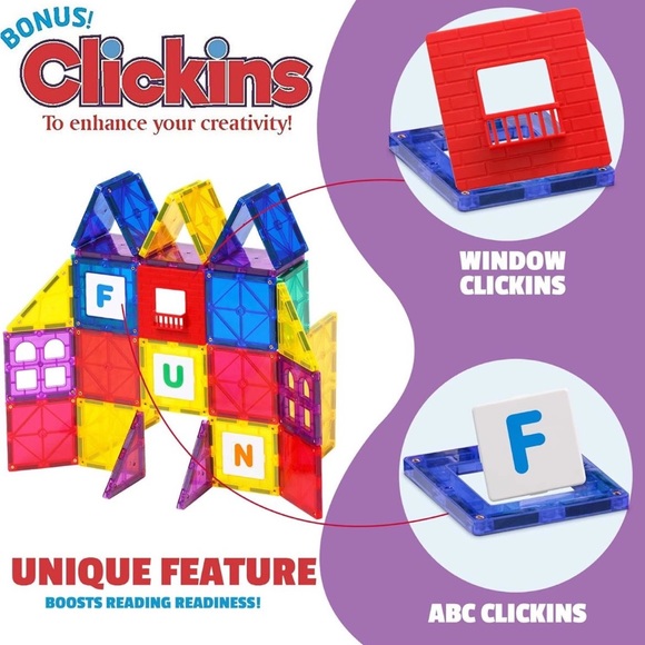 Playmags 100-Piece Magnetic Tiles Building Blocks Set, 3D Magnet Tiles for Kids - Picture 3 of 9